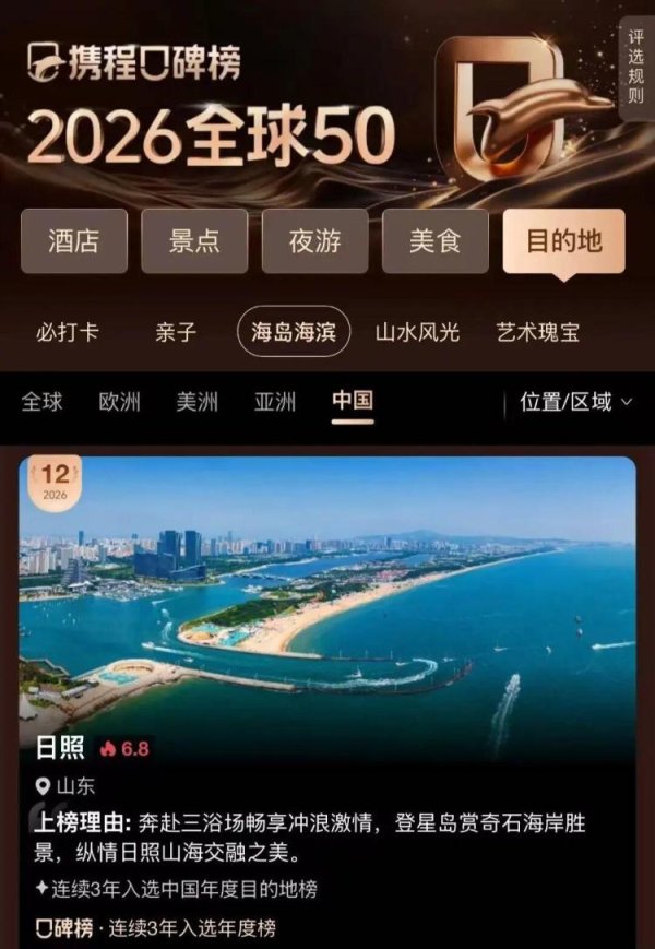 中金宸大 2026全球50海滨海岛目的地榜，日照入选！